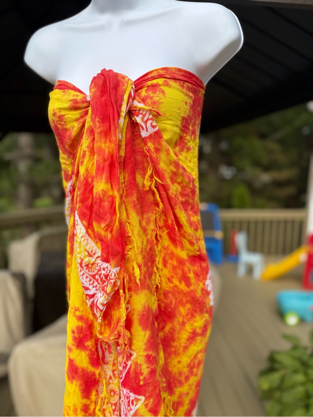 Vibrant Orange & Yellow Tie-Dye Sarong with Fringes, 68”x44”